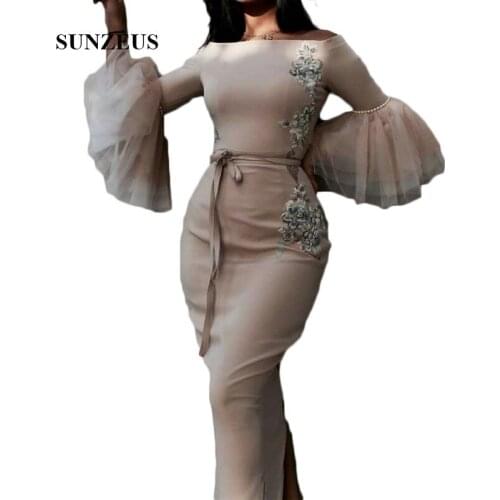 Vintage Sheath Evening Dresses 2019 Boat Neck Champagne Prom Dresses with Three Quarter Sleeves Saudi Arabic Evening Gowns