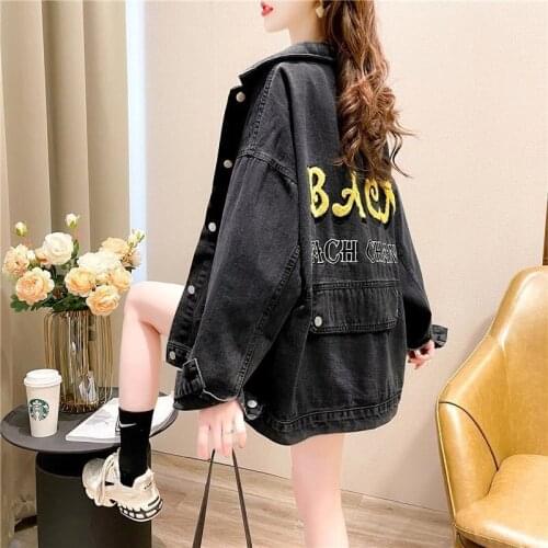 Korean Version Lazy Style Spring Autumn Womens Clothing 2021 New Letter Denim Jacket Loose Fashion Blue Black Casaco Feminino