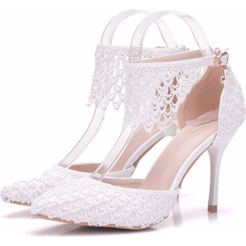 Women sandals wedding Party Lace PU Buckle Strap 9.5CM Thin High heels zapatos de mujer women shoes size 35-42 white