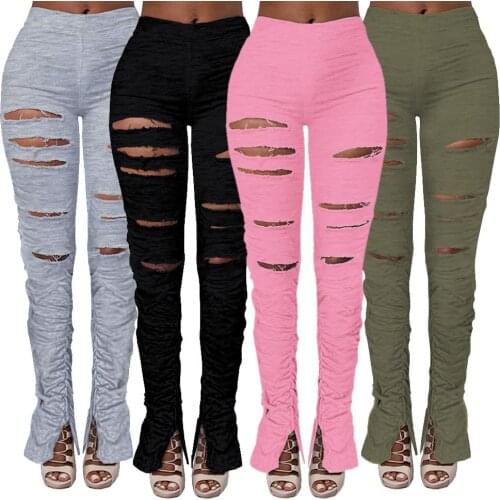 Women High Waist Stacked Sweatpants Ripped Holes Fitness Ruched Pants Trousers Hole Sport Leggings