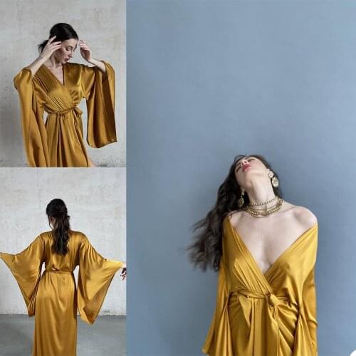 2021 Unique Womens Prom Gowns V Neck Long Sleeve Chiffon Bathrobe Lingerie Nightgown Floor Length Pajamas Sleepwear Custom Made