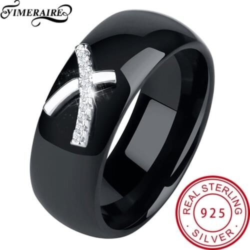 8mm Black White Ceramic Ring With X Cross Crystal 925 Sterling Silver Fashion Jewelry For Women Smooth Healthy Wedding Gifts