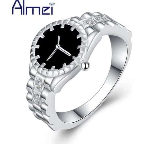 Almei Watch-shape Rings For Women Black Female Ring with Stones Cubic Zirconia Womens Decorating Jewelry Size 6-9 Gifts HR311