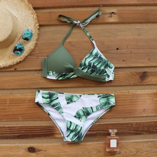 2021 New Sexy Push Up Bikinis Set Swimwear Women Swimsuits Bathing Suit Women Halter biquini Leaf Print Beach Wear Bikini