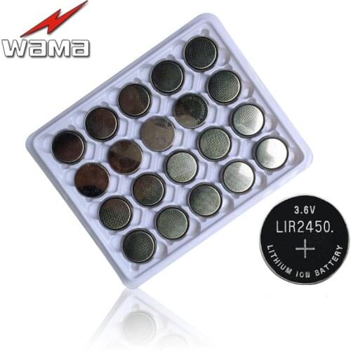 20x Wama 3.6V LIR2450 Rechargeable Button Batteries Charging 500 Times Lithium Coin Cells Battery Replaced CR2450 New
