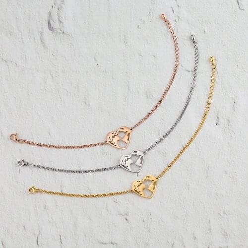 Wholesale Stainless Steel Heart Shape Travel the World Bracelet World Map Bracelet Drop shipping as Valentines Gift 10pcs/lot
