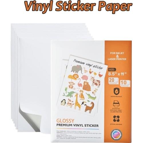 Sticker Paper for Inkjet Printer 10 20 Sheets Vinyl Sticker Paper Glossy Waterproof - Size 8.5''x11" A4 - Inkjet & Laser Printer