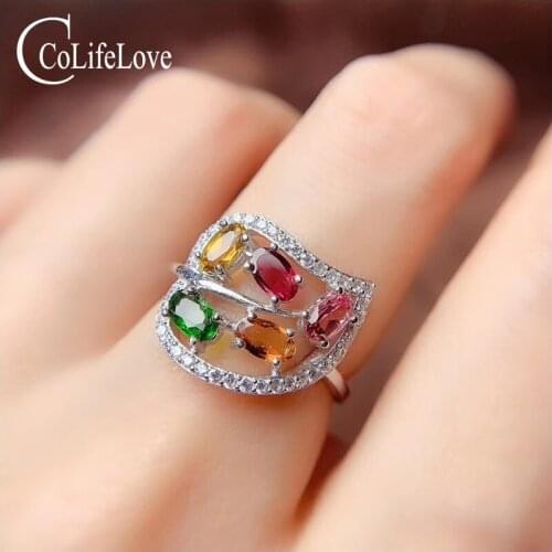 CoLife Jewelry 925 Silver Leaf Ring for Daily Wear 5 Pieces Natural Tourmaline Ring Fashion Silver Ring with Gemstone