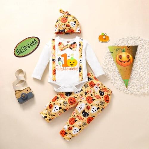 1st Halloween Newborn Baby Girls Babysuit Lounge Set Childrens Long Sleeve Tops Long Pants Hat Kid Clothes Set