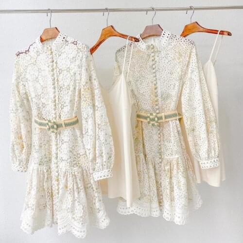 Designer Fashion Style 10.26 Women Clothes 2021 Autumn New Hollow Out Embroidery Lantern Sleeve Elegant Linen Mini Dresses