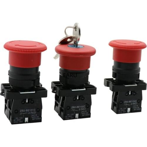 XB2-ES542 XB2-ES145 1NC/1NO 1NC Rotray Knob Lock Key Switch Emergency Stop Push Button Switch Mushroom Head Latching Fixation