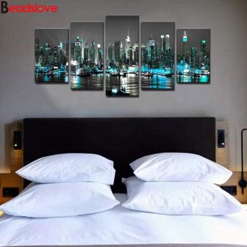 5 Piece Cityscape diamond painting art - Night View Painting for Bedroom -full square round diamond embroidery Multi-Picture