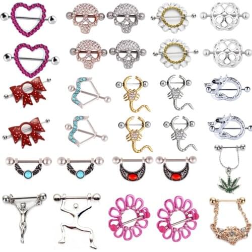 1Pair Stainless Steel Nipple Ring Piercing Bar Sexy Flower Nipple Shield Pircing Pezon Mujer Skull Jesus Tepel Jewelry Body