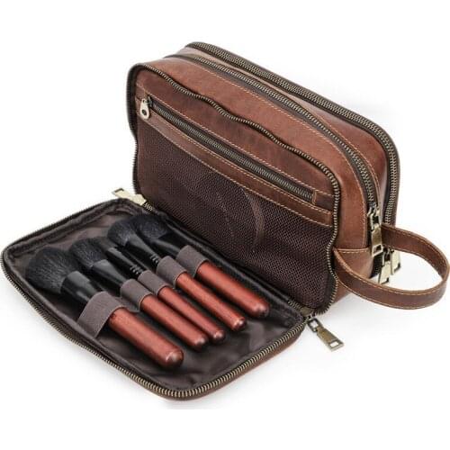 Retro Crazy Horse Leather Makeup Bag Organizer Big Capacity Travel Women Handbag Cosmetic Bags Quality Toiletry Bag Beauty Case