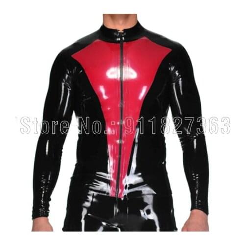 100% Handmade Latex Black And Red Shields Shape At Front Sexy Latex Jacket With Zippers Rubber Coat Top Customize (Top Only)