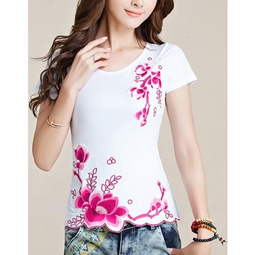Summer Flower Embroidery Short Sleeve Women T Shirt 100% Cotton Plus size O neck Tops Feminina