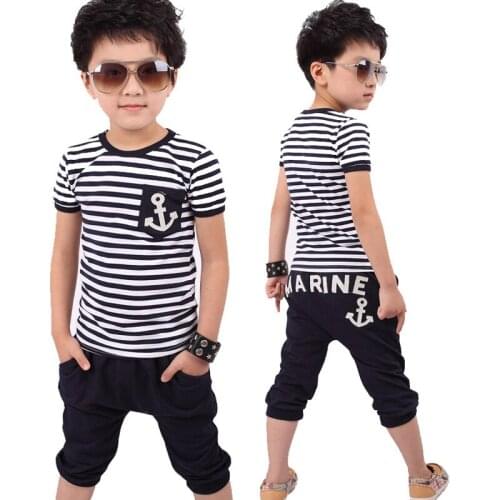 Hot sell retail cotton kids boy and girl summer suit striped t-shirt + marine design pants 2pcs clothing set