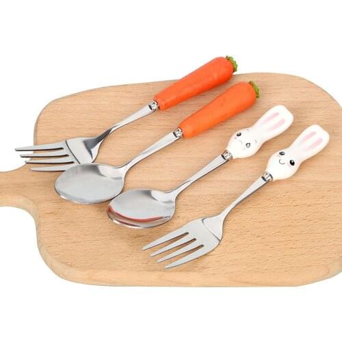 Cute Baby Safety Stainless Steel Spoon Fork Baby Kids Feeding Tools Cartoon Rabbit Carrot Children Dinnerware Set