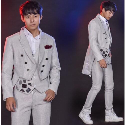 Male Silver Magician Tuxedo Suits Set Formal Stage Wear Costumes Mens Clothing Set Costume Performance Show Clothing BL2200