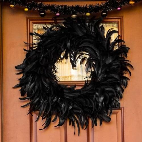 Natural Black Feathers Wreath Hanging Ornaments Props Door Pendant Spooky Scene Halloween Party Decorations For Home Decor 2021