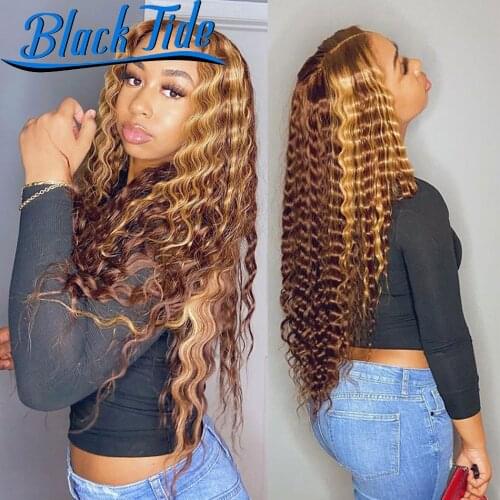 Deep Wave Closure Wig 200% Highlight Wig Human Hair Remy Indian Ombre Deep Wave Frontal Wig Transparent 13x4 Lace Frontal Wig