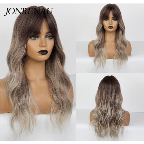 JONRENAU Synthetic Ombre Brown Mixed Blonde Wigs with Bangs Long Natural Wave Hair Party Wigs for White/Black Women