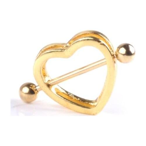 55KA 1pc Nipple Piercing Double Layer Sexy Women Breast Lady Heart Shaped Rhinestone Shiny Luxury Fashion Jewelry Gold Barbell