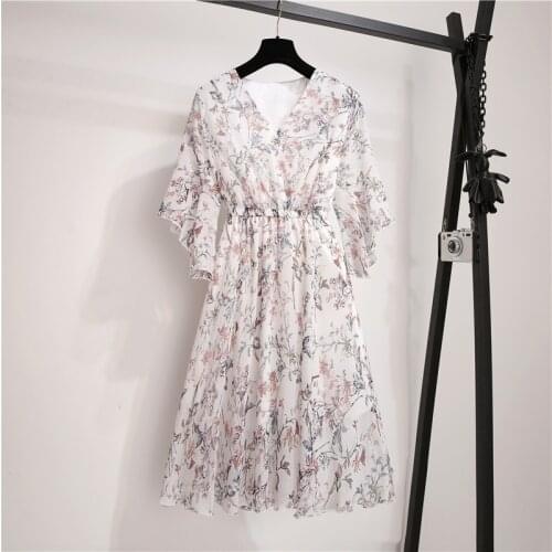 Spring Summer Sweet Womens Chiffon V-Neck Ruffle Sleeve Floral Print Dress New 2021 Slim Elastic Waist Mid-length Ladies Dress
