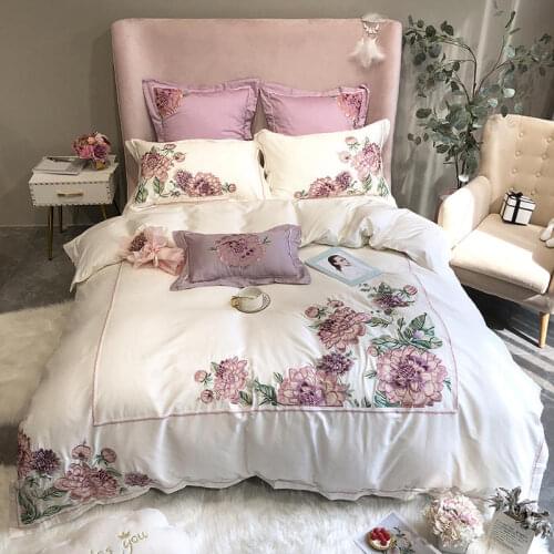 Luxury Embroidery Bedlinen Fowers Bedding Set Egyptian Cotton Duvet Cover Flat Sheet Pillowcases 4/7pcs