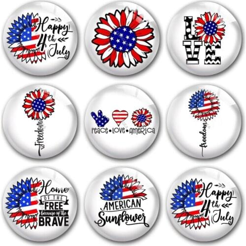 Handmade July 4th Sunflower USA Peace Love Round Photo Glass Cabochons Demo Flat Back DIY Jewelry Making Findings Accessory