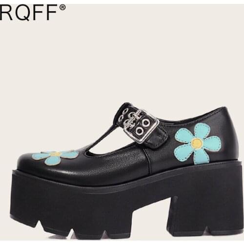 Women Shoes 2021 Spring New Patent Leather Mary Janes Sweet Flower Buckle Strap Platform Chunky High Heels Black Pumps Plus Size