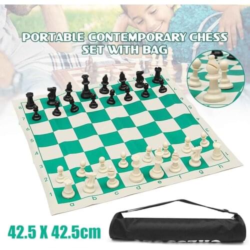 Tournament Chess Set Plastic Filled Chess Pieces and Green Roll-up Vinyl Chess Board Game with Bag