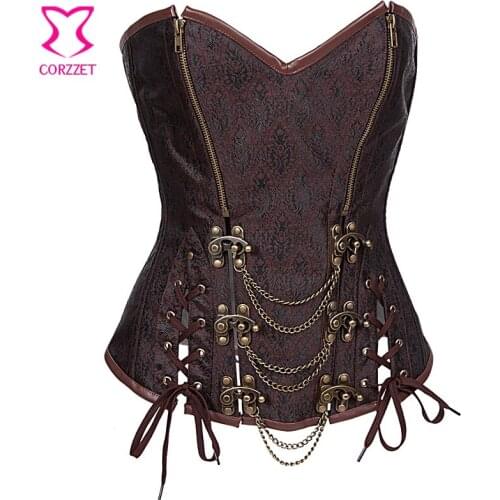 Vintage Brown Brocade Steampunk Corset Waist Trainer with Zipper, Buckle And Lace-Up Gothic Corsets Bustiers Steel Bone Korset