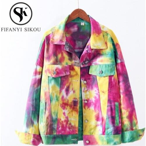 Harajuku Women Jeans Jacket Pocket Lapel Long Sleeve Fashion Tie-dye Denim Jacket Streetwear Female Loose Jeans Coat 2020 New