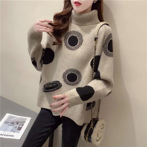 2021 Spring Autumn New Korean Fashion Women Clothing Loose Knitted Turtleneck Sweaters Long Sleeve Top Splicing Dot Jersey Mujer
