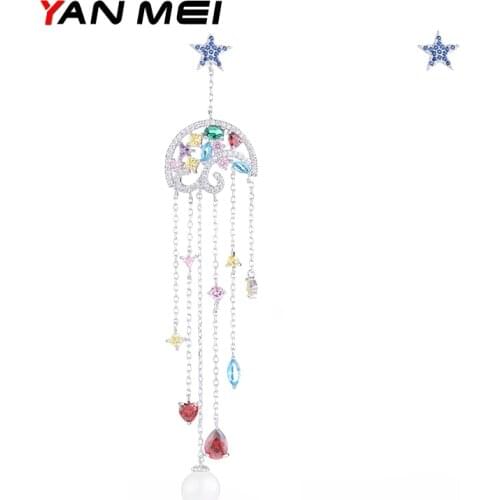 YANMEI CZ Umbrella And Stars Tassel Earrings For Women Hollow Multicolor Earring Asymmetric Fashion Jewelry YME7616Y