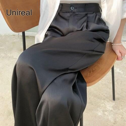 Unireal 2021 Summer Autumn Women Wide Leg Pants High Waist Casual Trousers Black Satin Pants