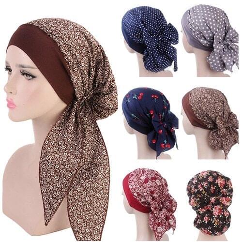 Women Cotton Printed Turban Hats Pastoral Style Muslim Hijab Cap Bandana Elastic Long Hair Band Head Wrap Indian Headscarf Bonnt