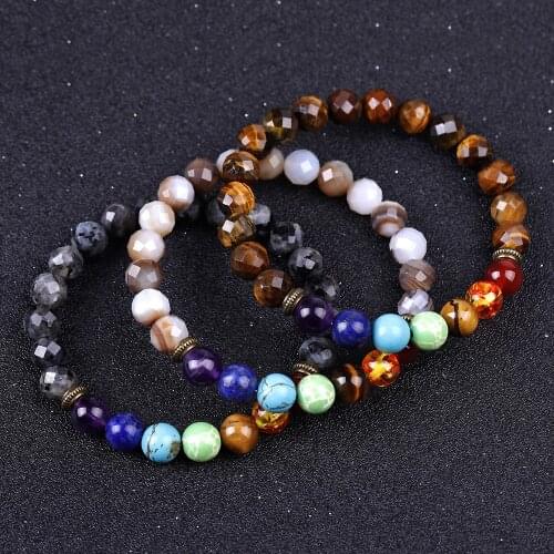 Fashion Natural Stone Stripe Onyx Tiger Eye Black Spectrolite Faceted Beads Spiritual 7 Chakra Bracelets Yoga Jewelry