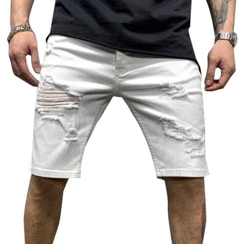 Mens Short Jeans Knee Length Ripped Denim Shorts Blue Straight Men Bottoms 2020 Summer Casual White Mens Short Ripped Jeans