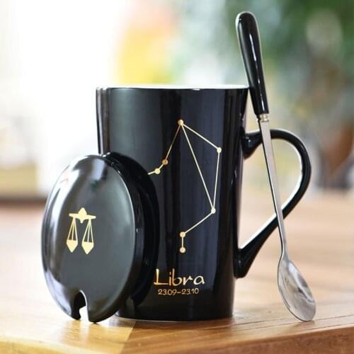 12 Constellations Gold Pattern Ceramic Mug with Lid Spoon 450ml Porcelain Coffee Mugs Milk Cups Lovers Gift for Birthday