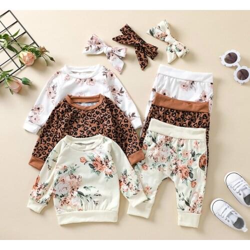 2021 0-24M Infant Baby GIrl Clothes Set Leopard/Floral Print Long Sleeve O Neck Sweatshirt+Harem Pants+Headband Casual Fall 3pcs
