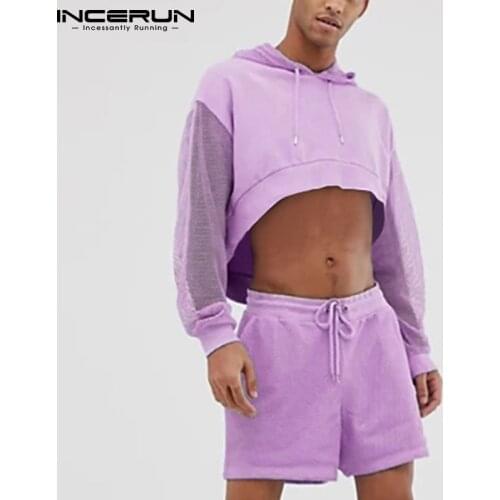 Solid Color Men Sets Mesh Patchwork Streetwear Hooded Long Sleeve Crop Tops Drawstring Shorts Casual Mens Suits 2 Pieces INCERUN