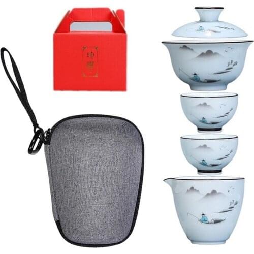 Chinese Kung Fu Tea Set Ceramic Portable Teapot Set Travel Gaiwan Tea Cups of Tea Ceremony Teacup Fine Gift With Travel Bag Gift