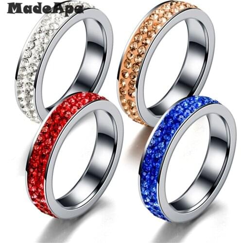 MadApe 3.5mm 2 Row CZ Zircon Wedding Ring Stainless Steel White Brown Blue Red Zircon Women Engagement Rings For Couple Jewelry