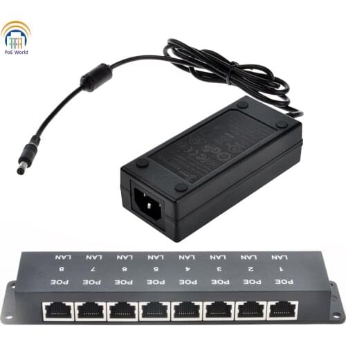 Mid-span multi port Passive POE injector for 8 CCTV cameras with 24V60W power adapter 10/100 data speed