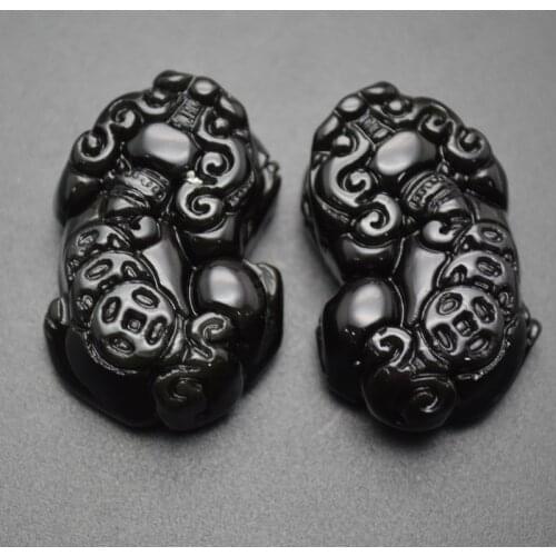 Natural Black Obsidian Stone Carved Pixiu Money Coin Pendant in Pairs Fashion Jewelry Making Supplies