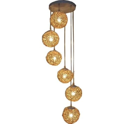 6 Light Natural Rattan Woven Ball Pendant Light Free Shipping Living Room Pendant Lamp Bedroom Hallway Gallery Pendant Lighting