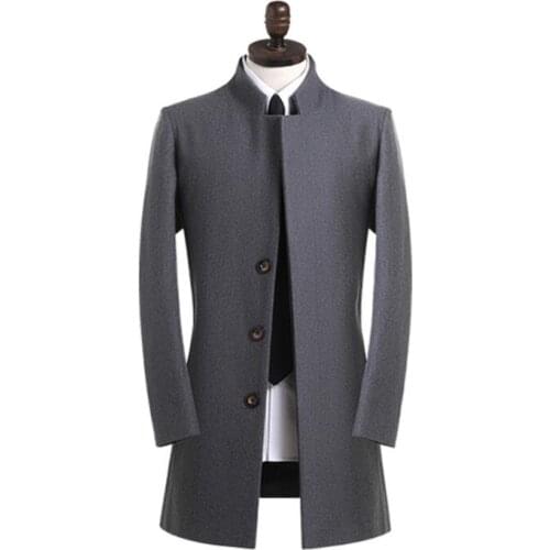 Stand collar casual woolen coat men grey trench coats single-breasted long sleeves overcoat mens cashmere coat casaco england