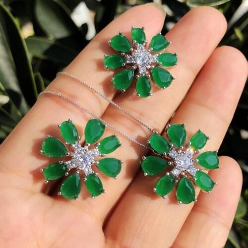 Luxury Green Flower Cubic Zirconia Jewelry Set For Women Crystal Stone vintage Stud Earrings Pendant Necklace indian jewelry set
